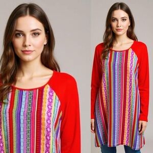 NATORI Rainbow Vibrant Multicolored Stripe Long Sleeve Tunic Top Dress Large
